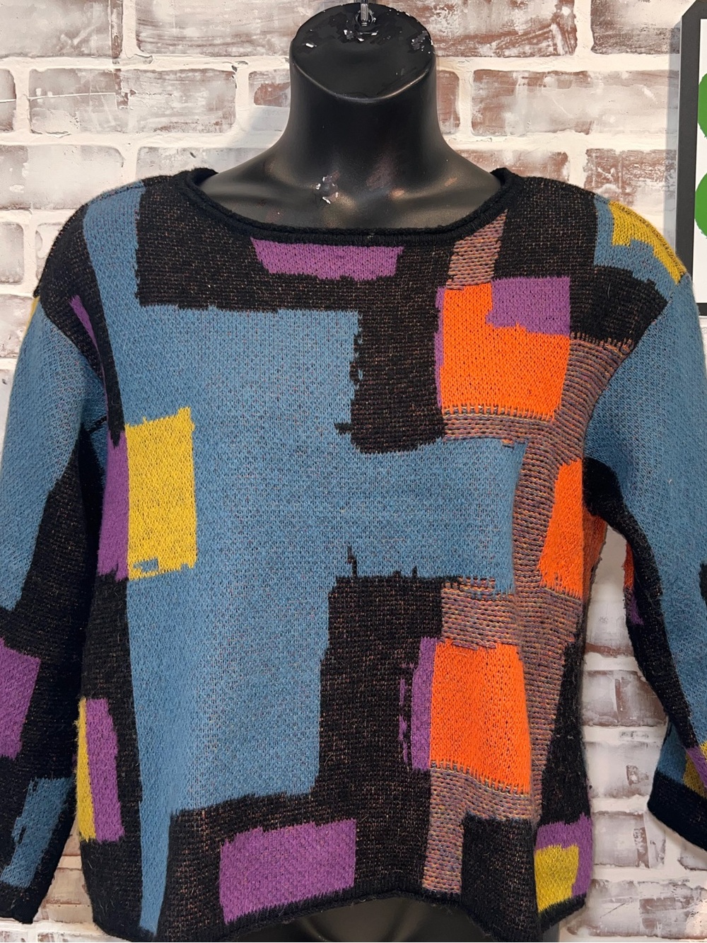 Abstract Colorblock Crewneck Sweater in Blue with Multicolor Accents